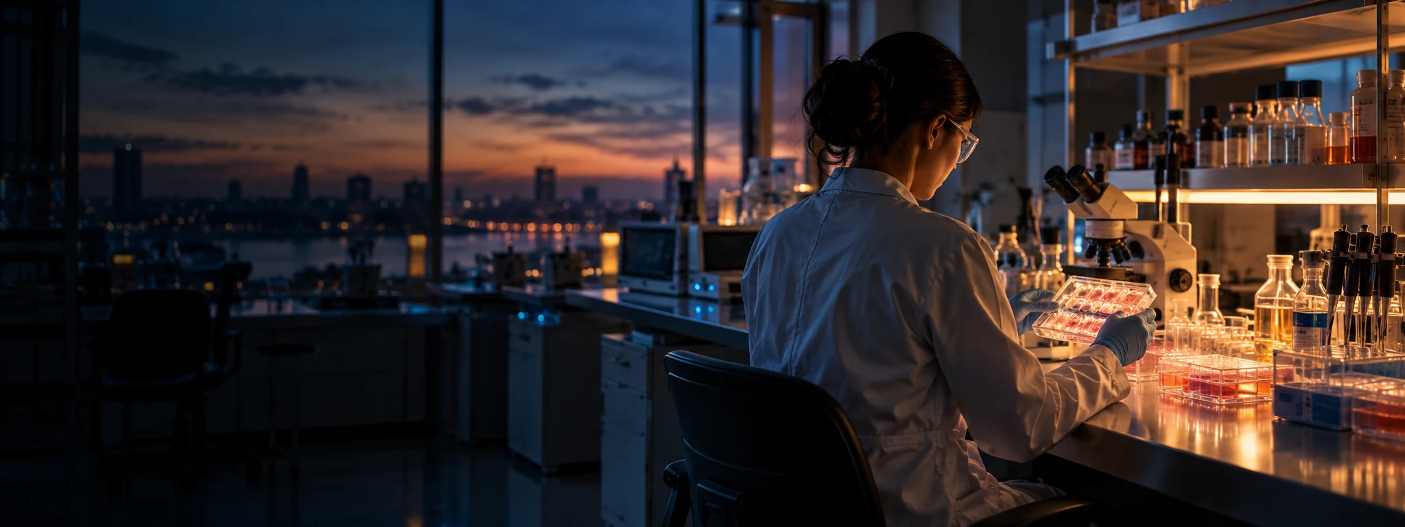Scientist examining cell-culture samples in a laboratory at dusk